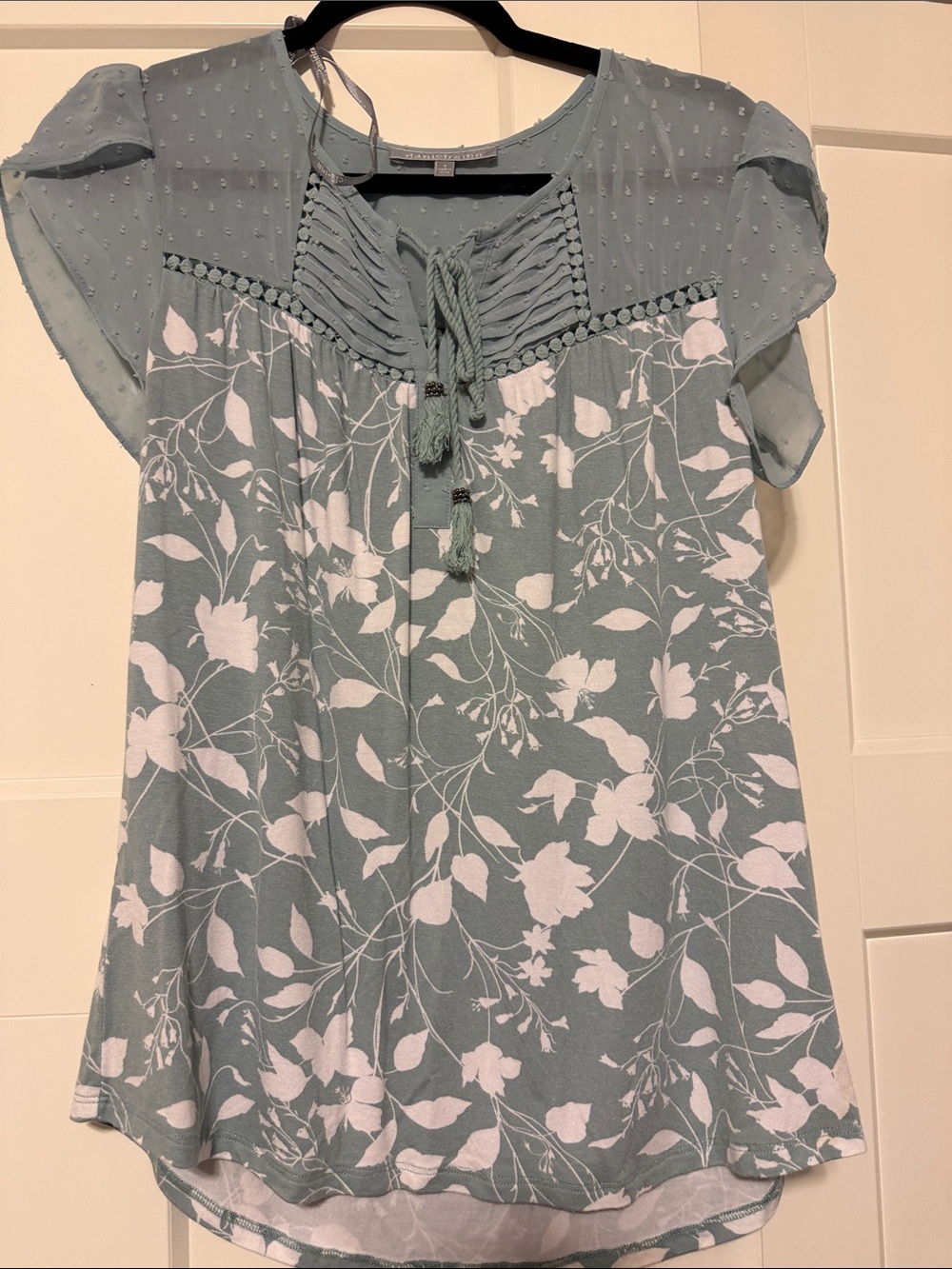 Daniel Rainn Sage Green Floral Lace-Yoke Tassel Tunic
